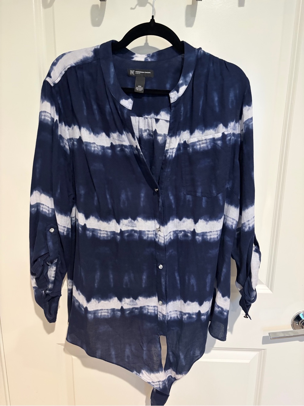INC International Concepts Navy & White Tie-Dye Button-Up Top